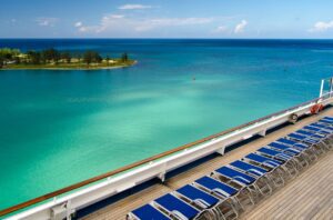 A view of the ocean from an elevated deck.